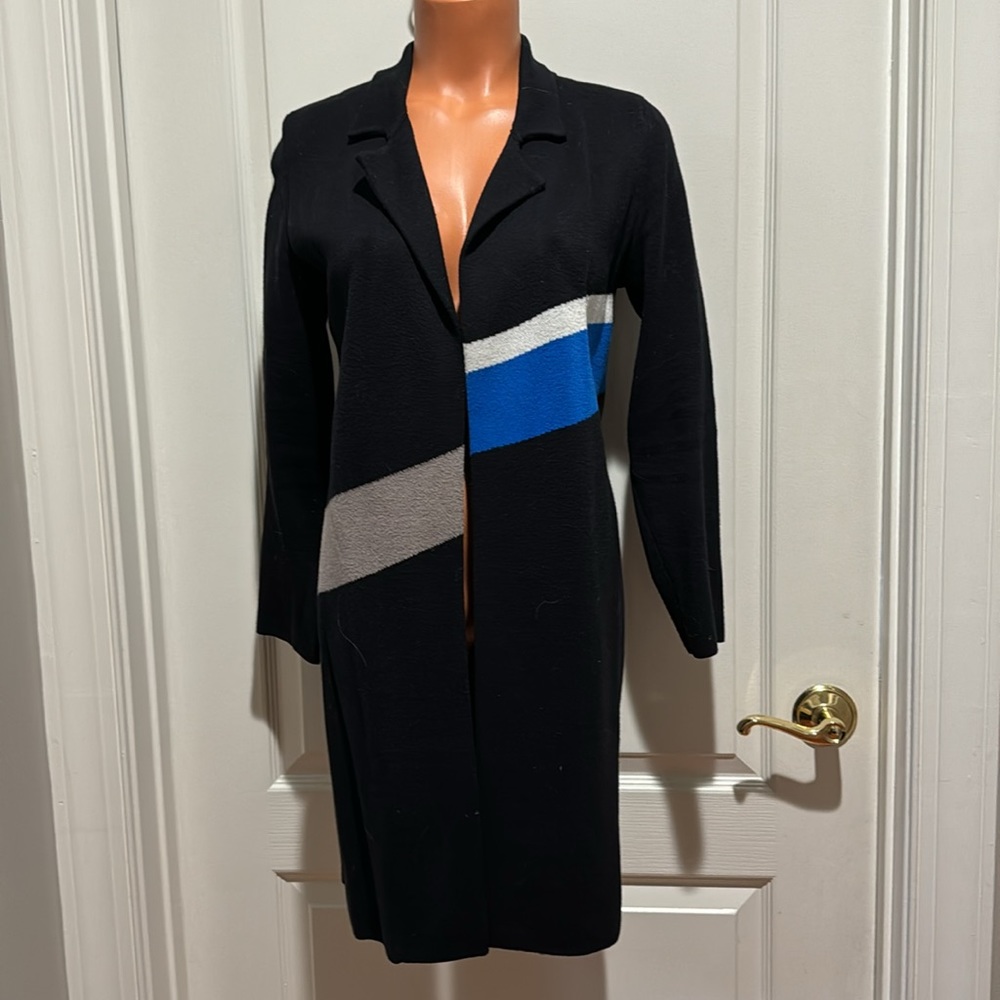 ALFANI Colorblock Trench Sweater Coat Cardigan Black Blue PS SP Petite Small $80